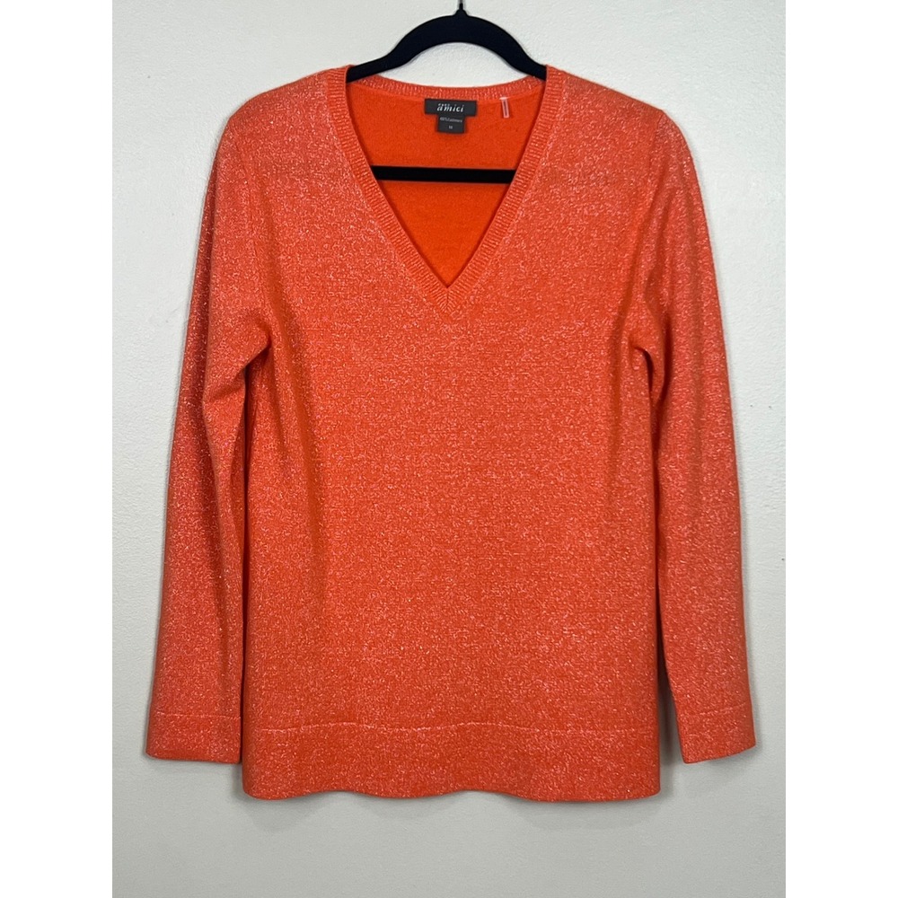 Pure Amici Womens 100% Cashmere V-Neck Sweater Orange Metallic Shimmer Size M